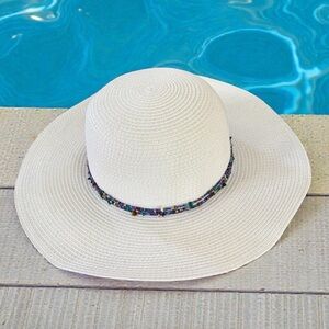 White Wide Brim Floppy Straw Hat with Beaded Band